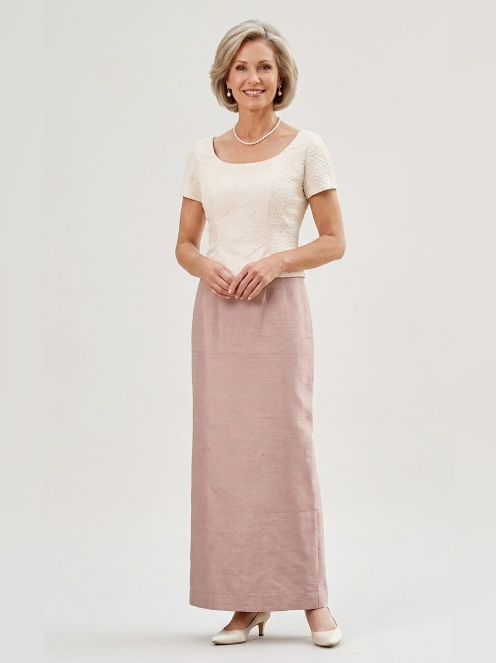 Vintage Custom Watters & Watters Ivory and Blush Raw Silk 2-Piece Set, Size 10